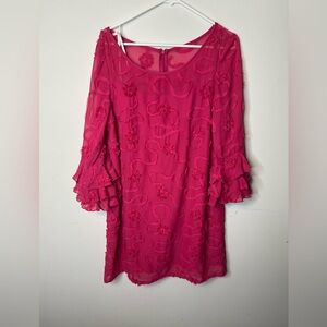 Vintage R & K Originals Fuchsia Pink Dress Womens Mini Shift 3/4 Bell Sleeves